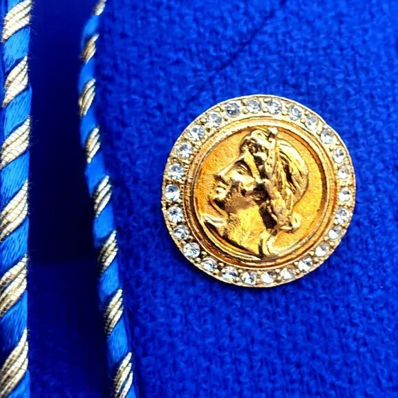 Vintage 80s Electric Blue Wool Power Skirt Suit L XL Rhinestone Buttons - Picture 2 of 13